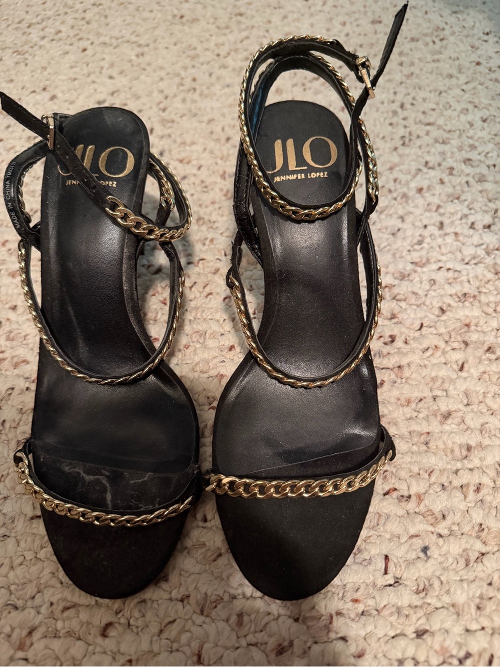 Jennifer Lopez Black Strappy Heels with Gold Chain Trim